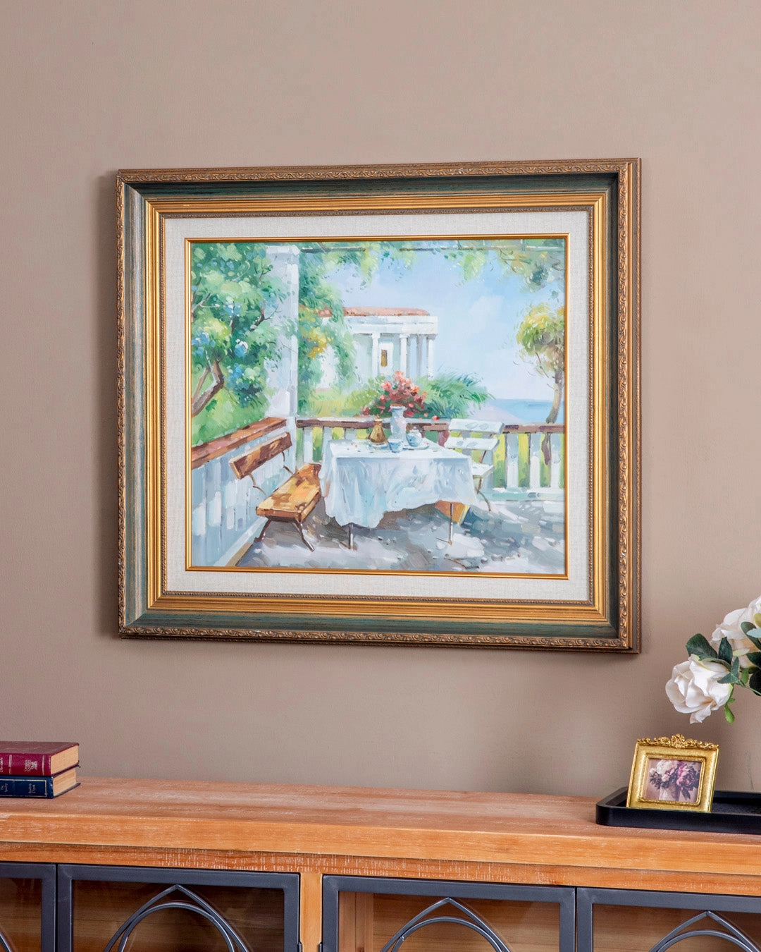 'Balcony Near the Sea' Handmade Oil Painting - 28x32 Inchnordic style wall decor