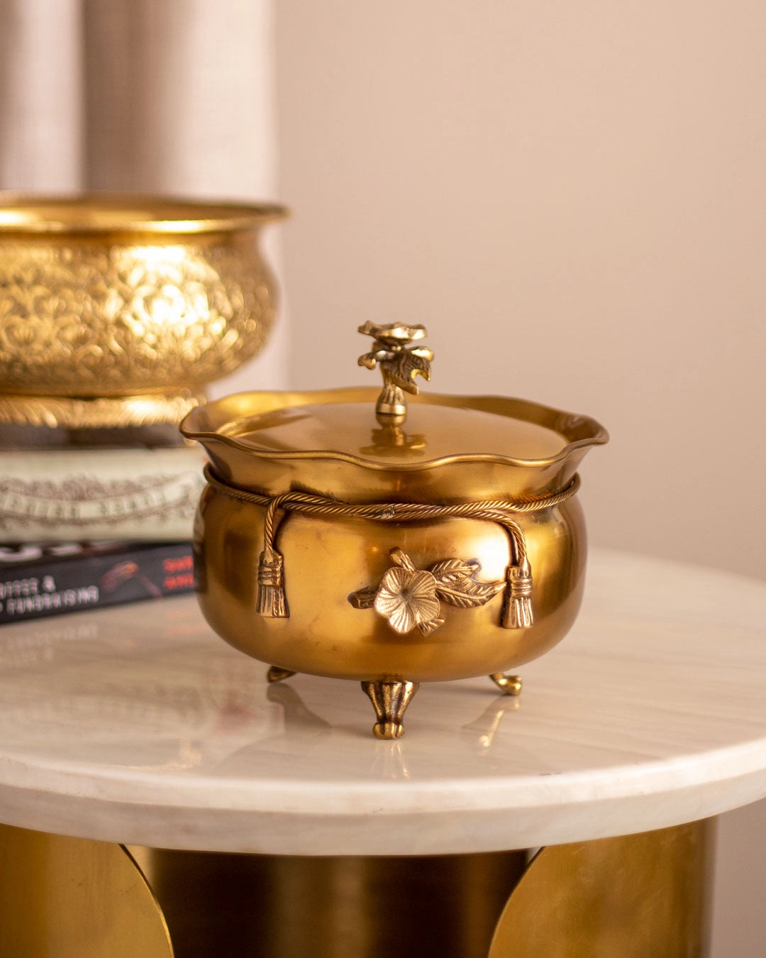 'Ribbon' Handcrafted Brass Bowl with Lid - 5"