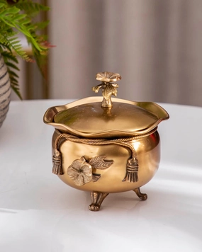 'Ribbon' Handcrafted Brass Bowl with Lid - 5"home decor ,wall decor 