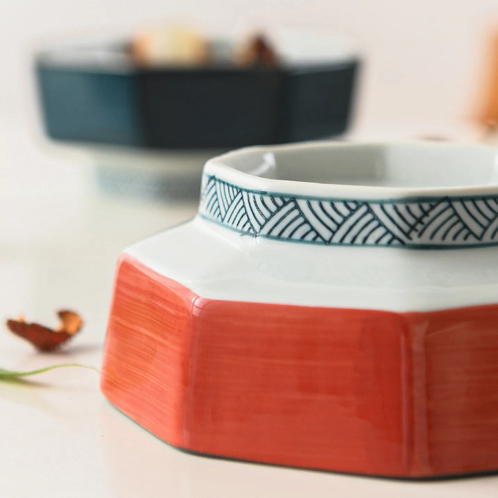 Ako Blue and Red Japanese Octagonal Serving Bowls