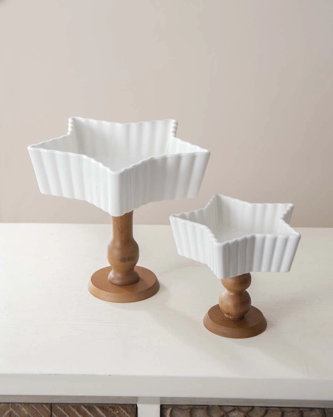 All White Star Ice Cream Bowl with Wooden Base - Large