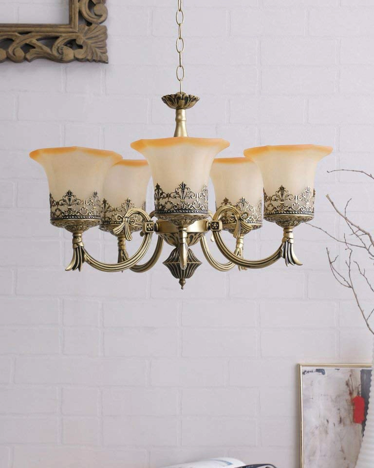 Antique Brass & Frosted Glass Chandelier