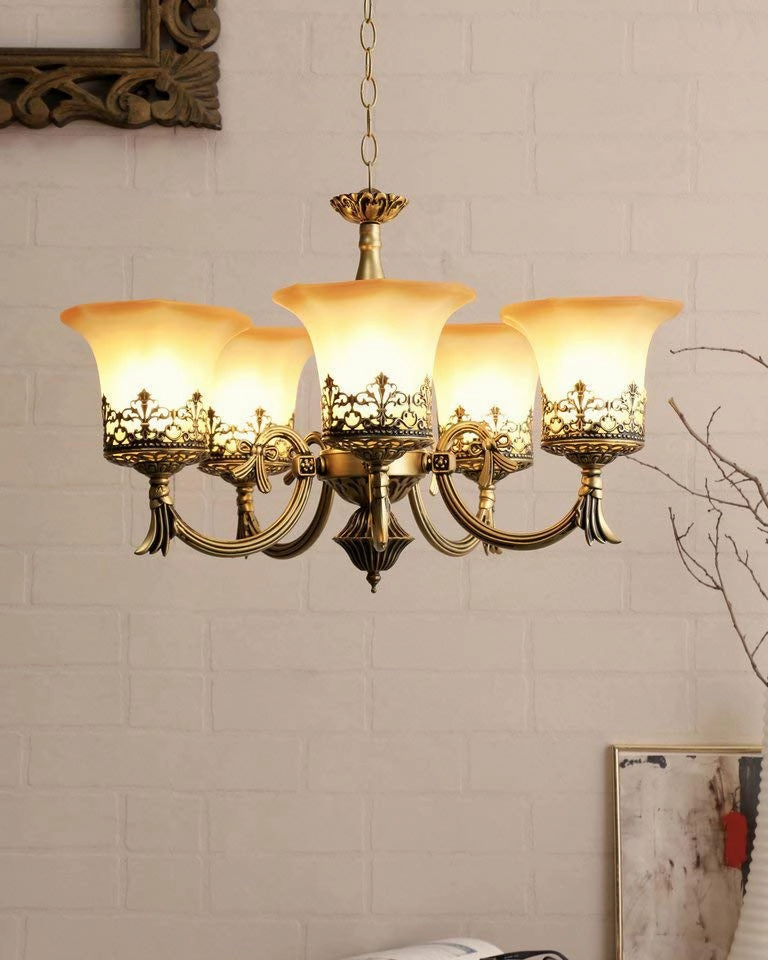 Antique Brass & Frosted Glass Chandelier