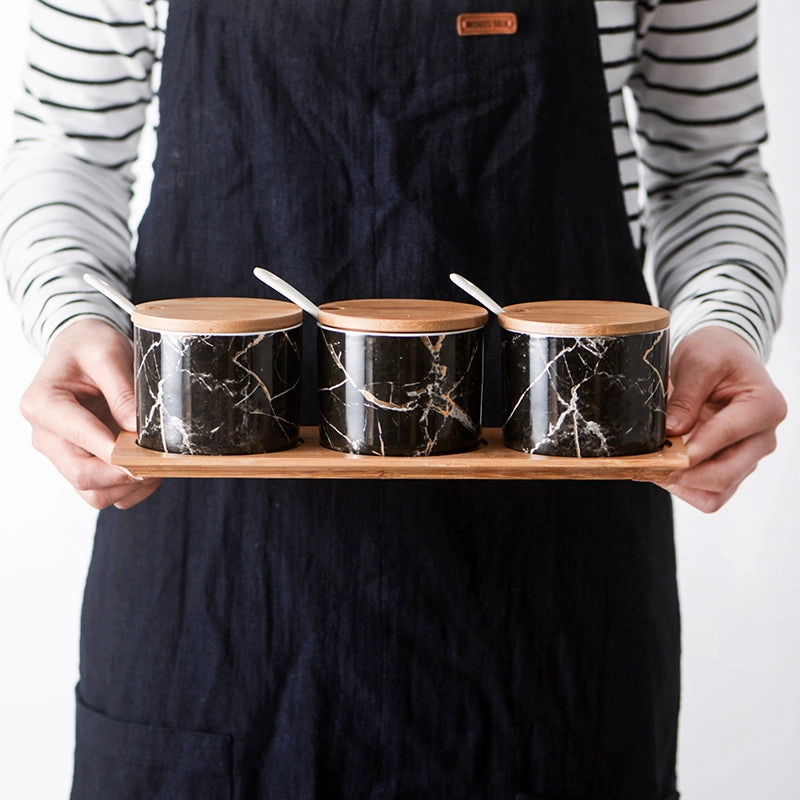 Black Marble Condiment Jars Set