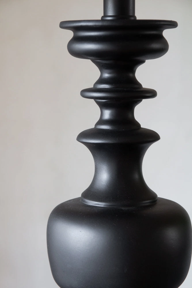 Black Wood Turned-Style Table Lamp With Linen Lamp Shade