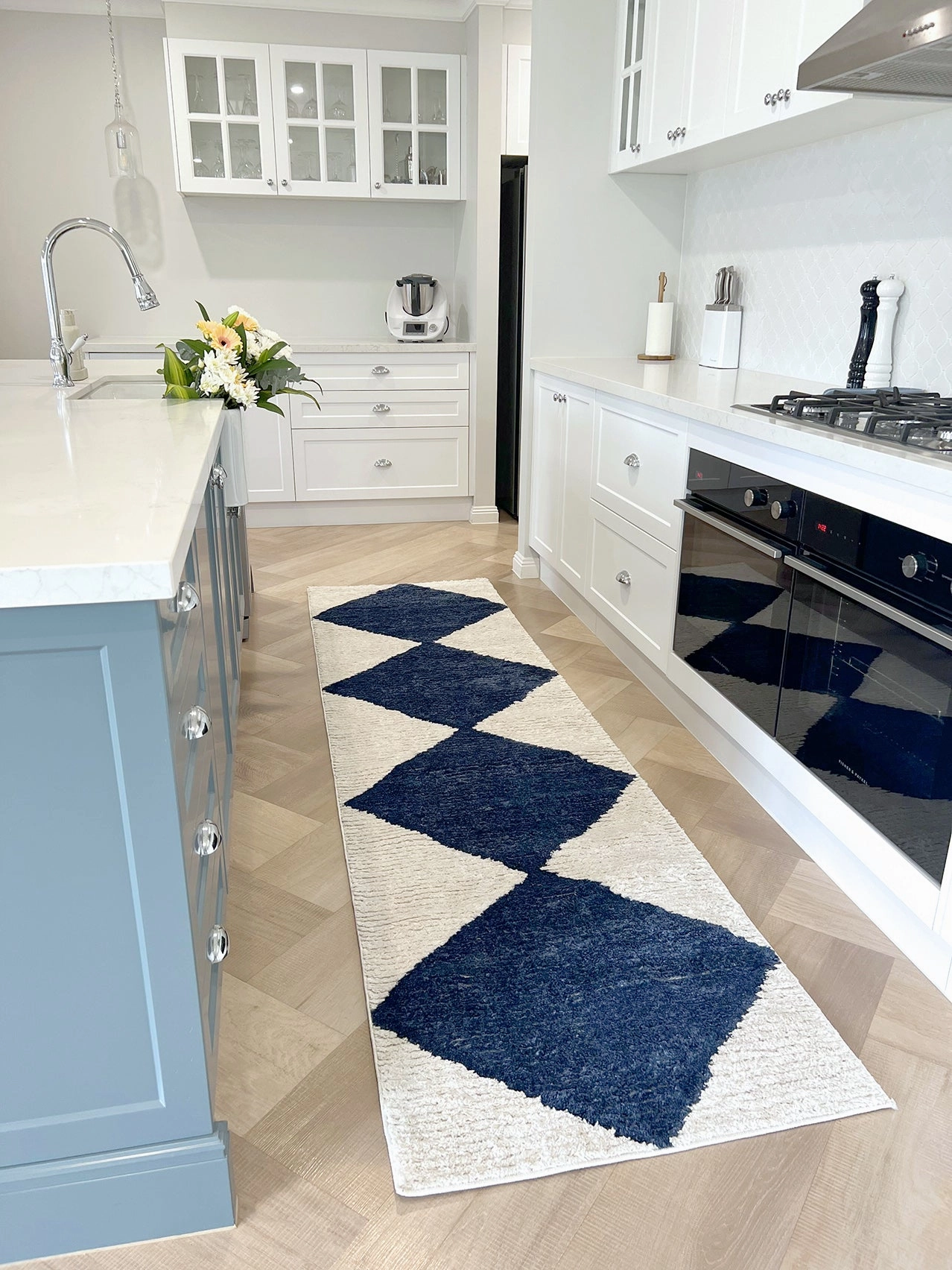 Blythe Ivory and Blue Checkered Runner Rug