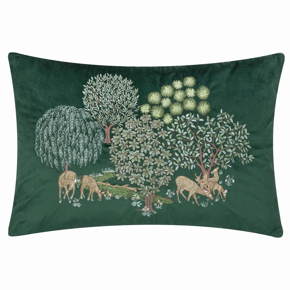 Brook Embroidered Velvet Cushion Forest Green