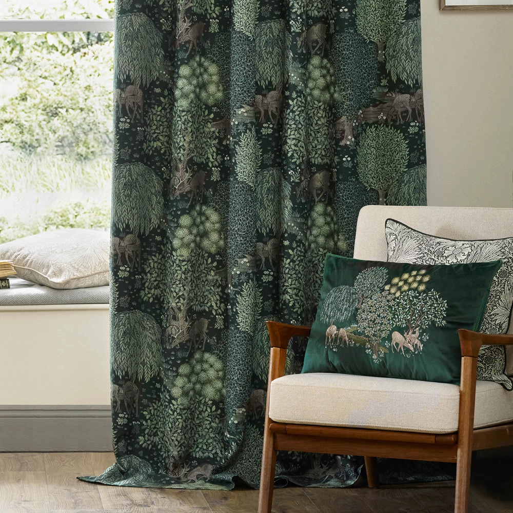 Brook Woodland Jacquard Pencil Pleat Curtains Forest Green