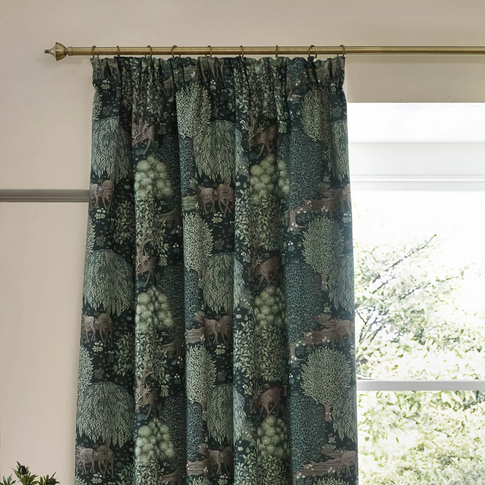 Brook Woodland Jacquard Pencil Pleat Curtains Forest Green