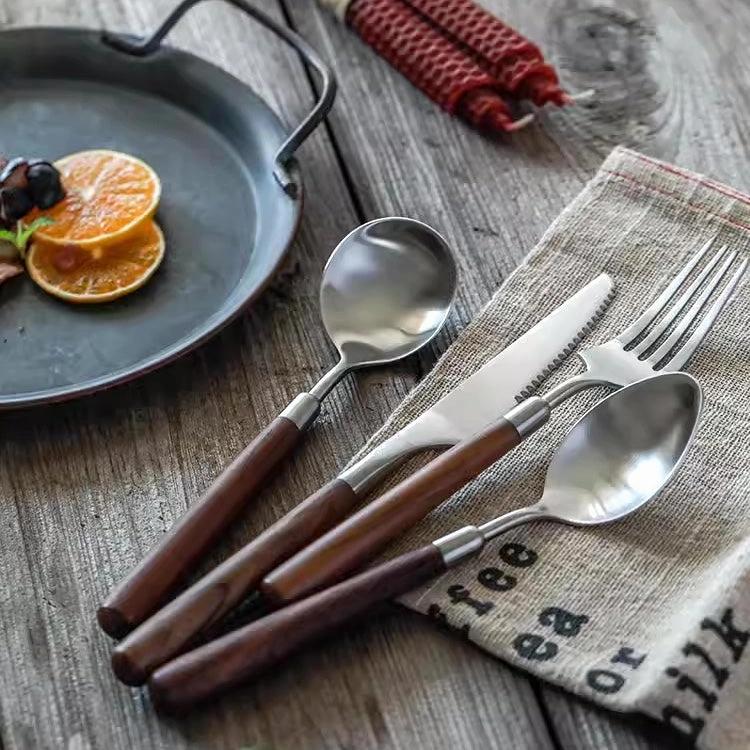 Brushed Stainless Steel Steak Knife Cutlery Set with Wooden Handlesmodern kitchen decor ,kitchen dinner set ,dinnerware 