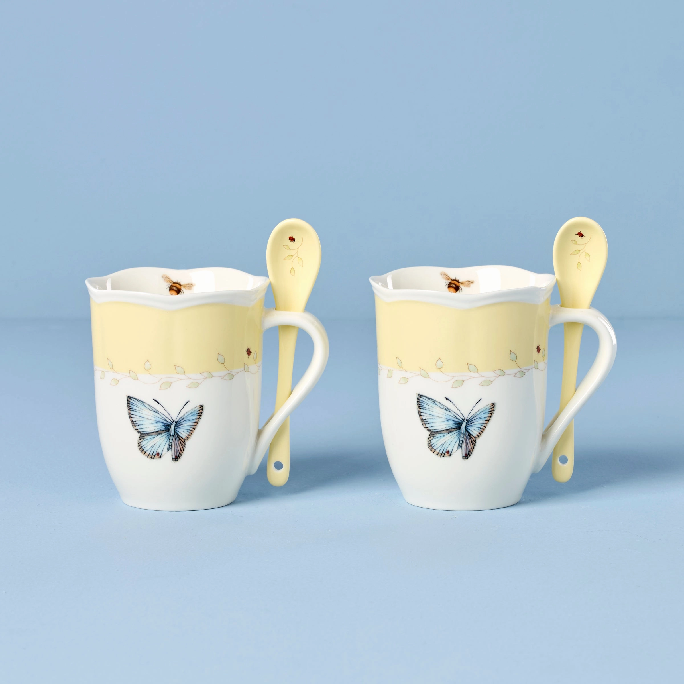Butterfly Meadow Yellow Mugs With Spoons - Set of 2glass cups ,personalized mugs 