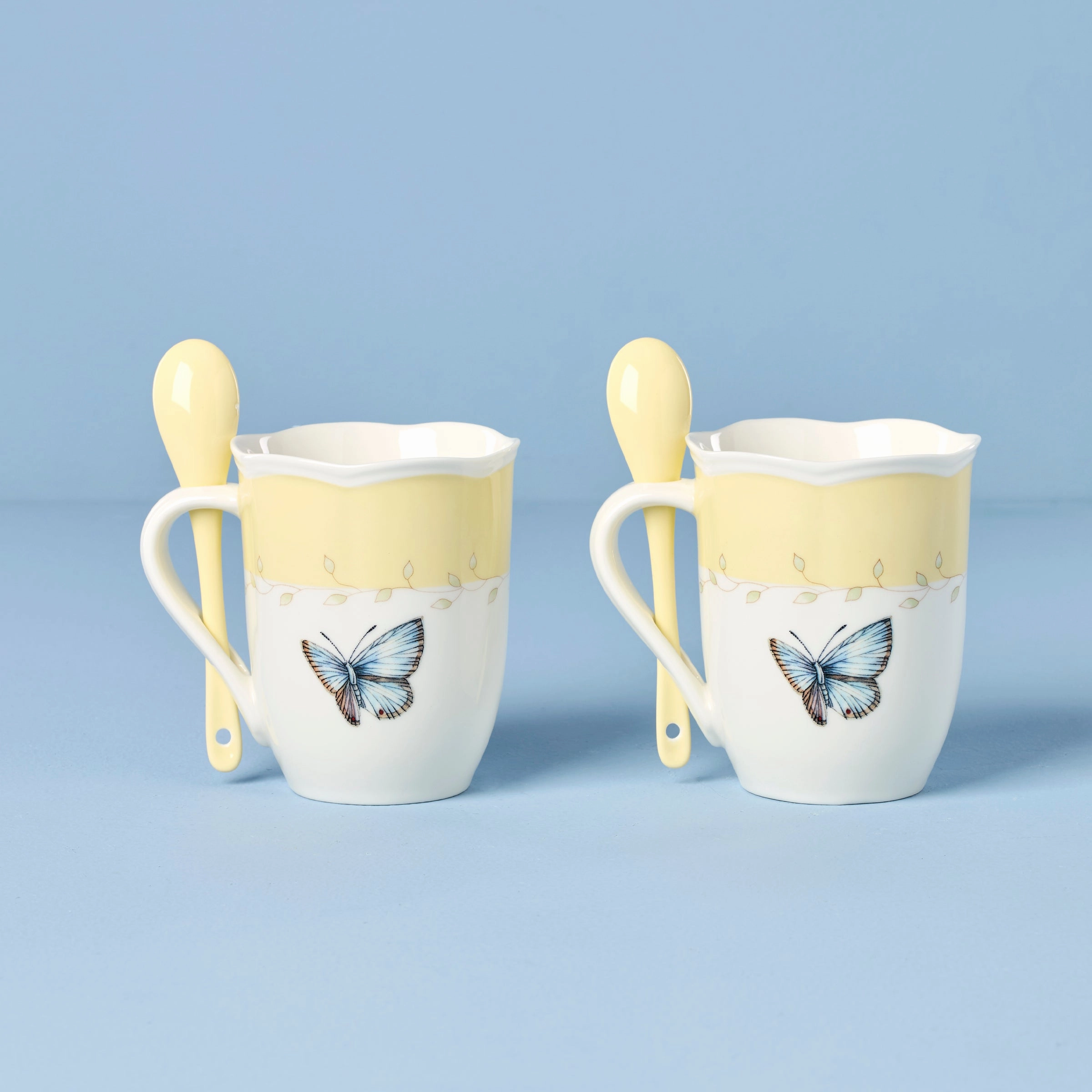 Butterfly Meadow Yellow Mugs With Spoons - Set of 2