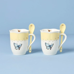 Butterfly Meadow Yellow Mugs With Spoons - Set of 2glass cups ,personalized mugs 
