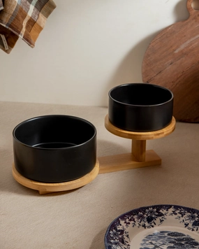 Ceramic Bowl with 2 Tire Wooden Stand - Blackmodern kitchen decor ,kitchen dinner set ,dinnerware 
