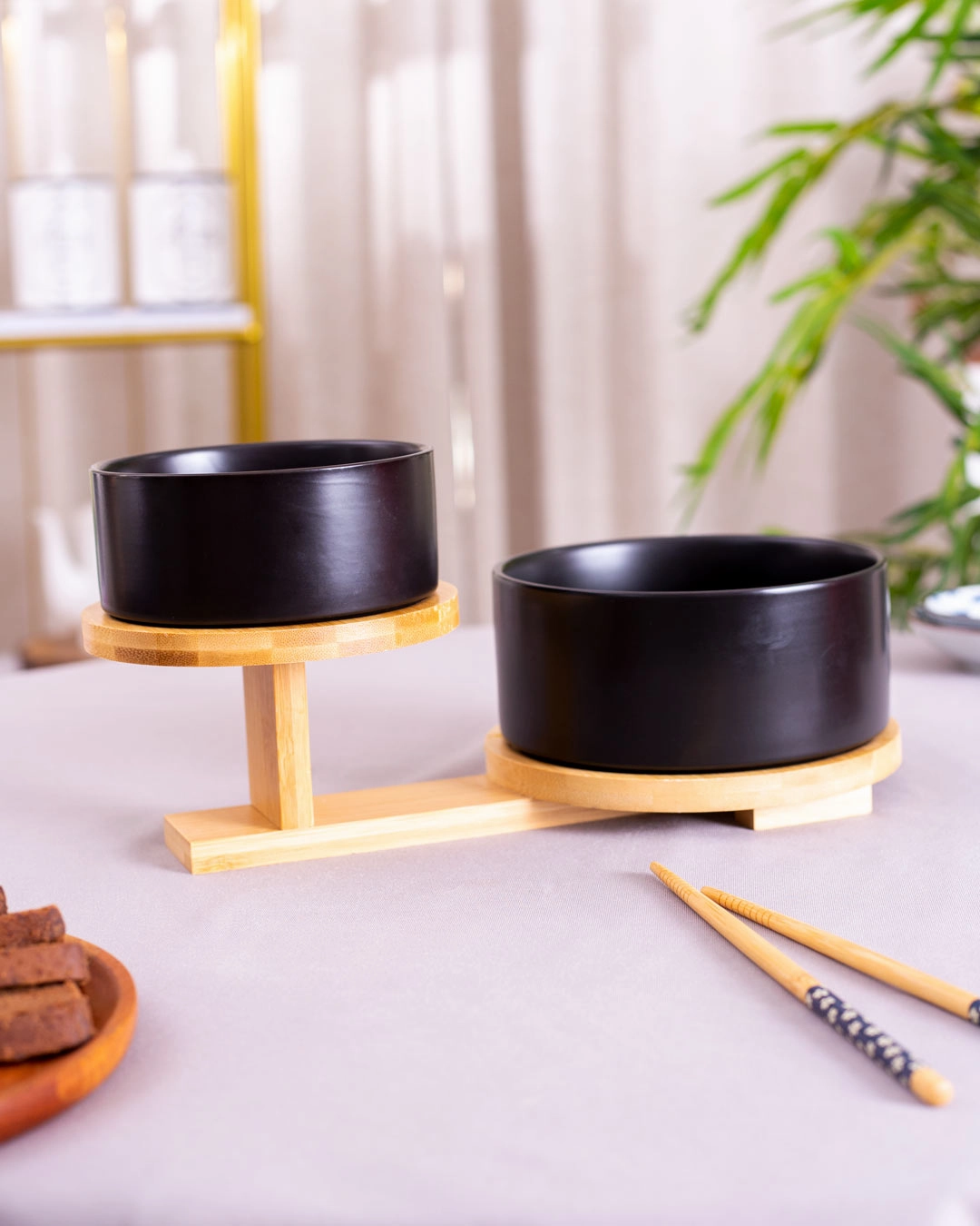 Ceramic Bowl with 2 Tire Wooden Stand - Black