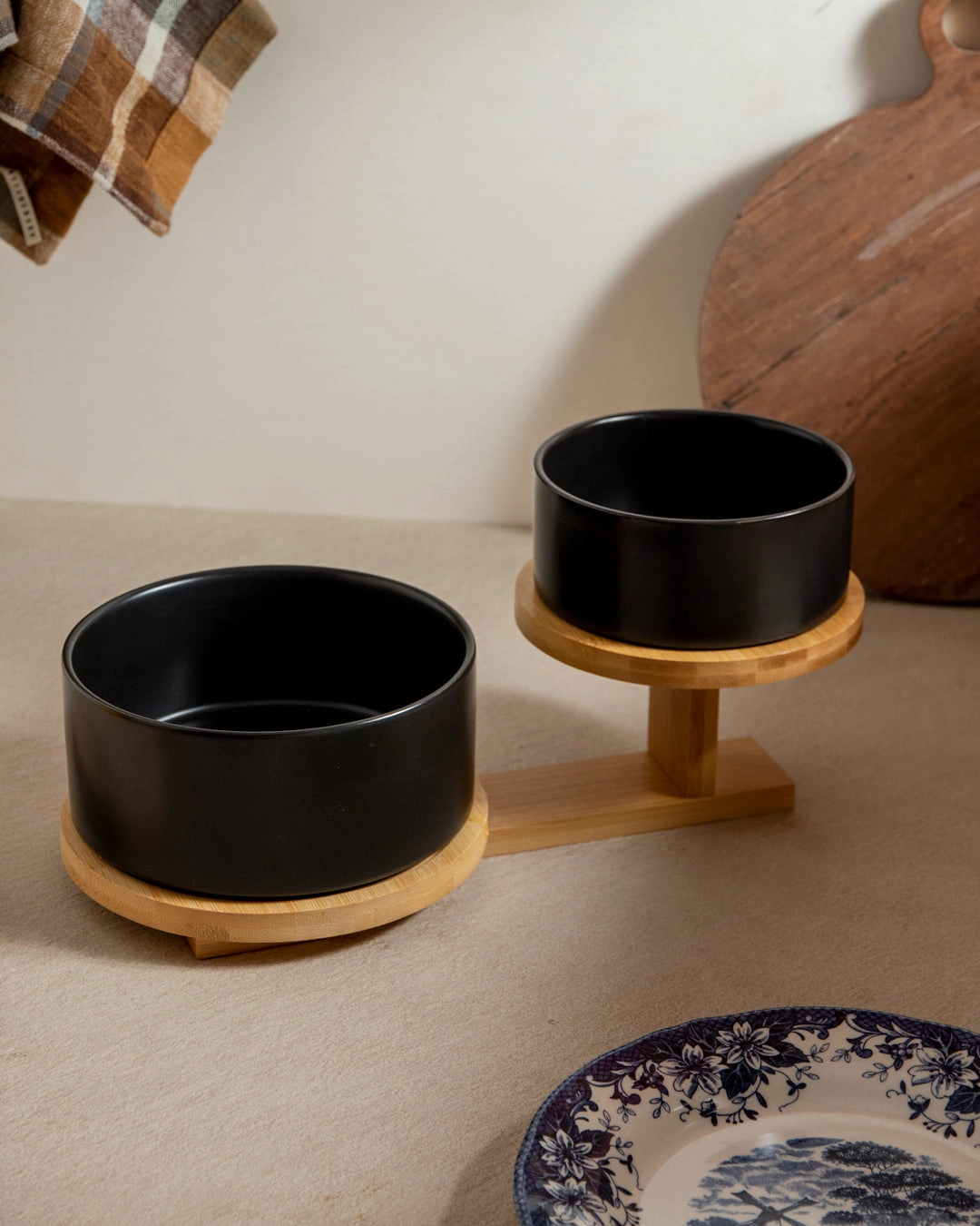 Ceramic Bowl with 2 Tire Wooden Stand - Blackmodern kitchen decor ,kitchen dinner set ,dinnerware 