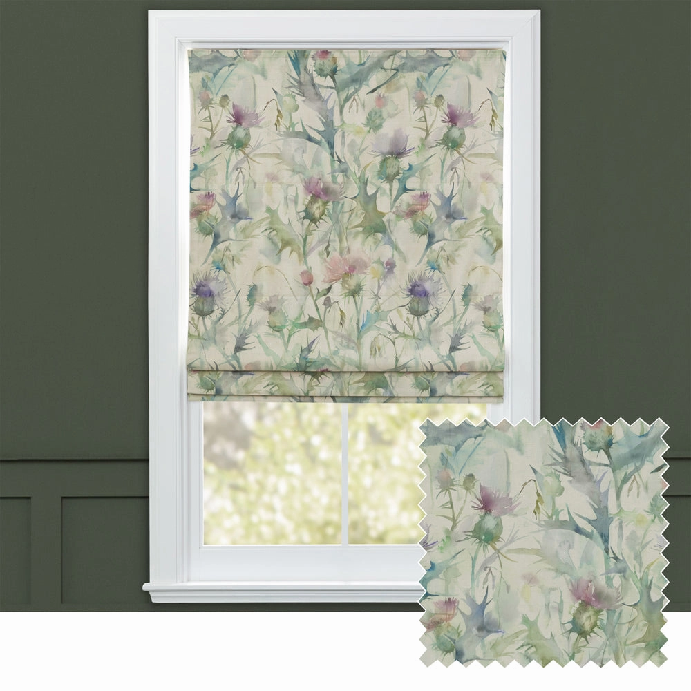 Cirsium Printed Cotton Made to Measure Roman Blinds Damson/Naturalbedding sets ,throw blankets 