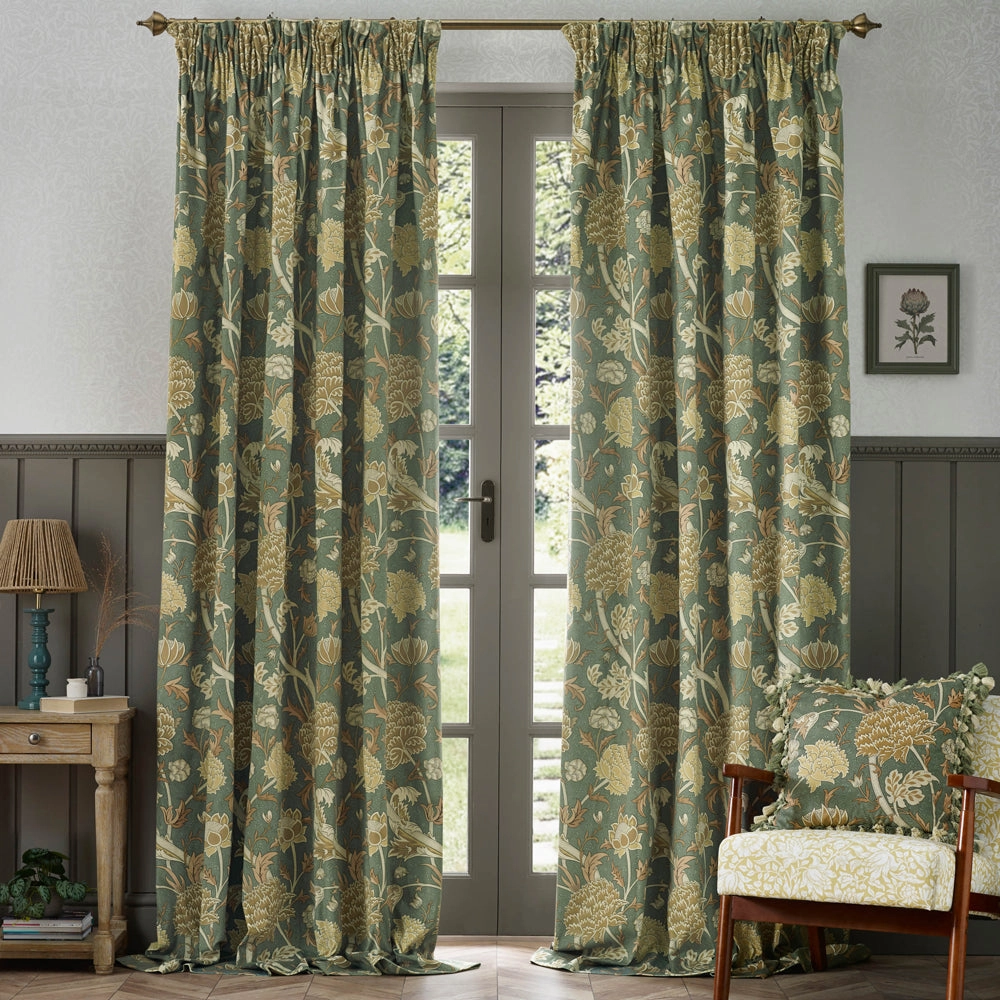 Cray Floral Velvet Pencil Pleat Curtains Sage/Sunflower