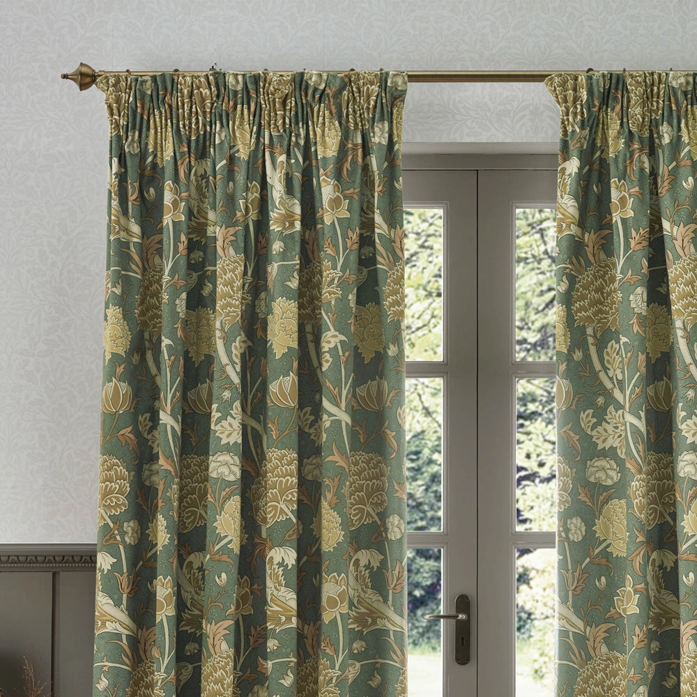 Cray Floral Velvet Pencil Pleat Curtains Sage/Sunflower
