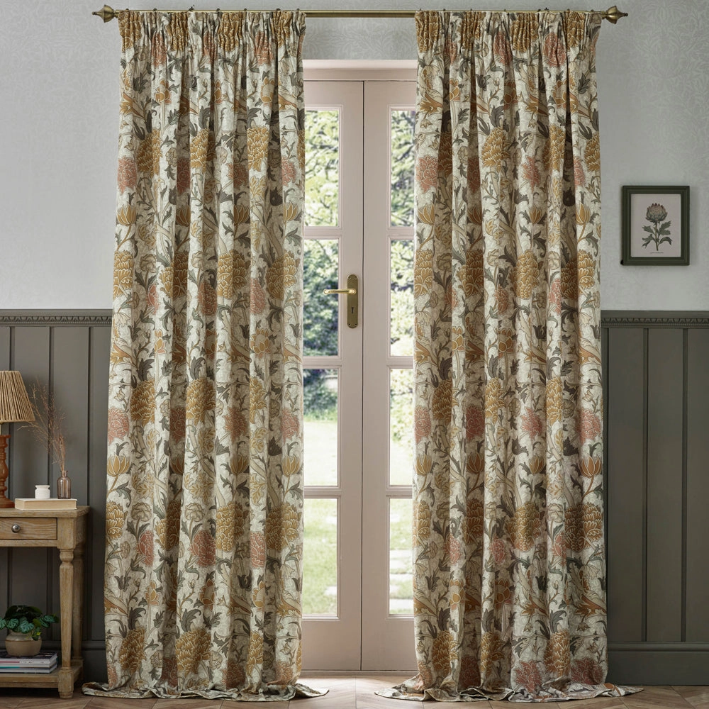 Cray Floral Velvet Pencil Pleat Curtains Stone/Clay
