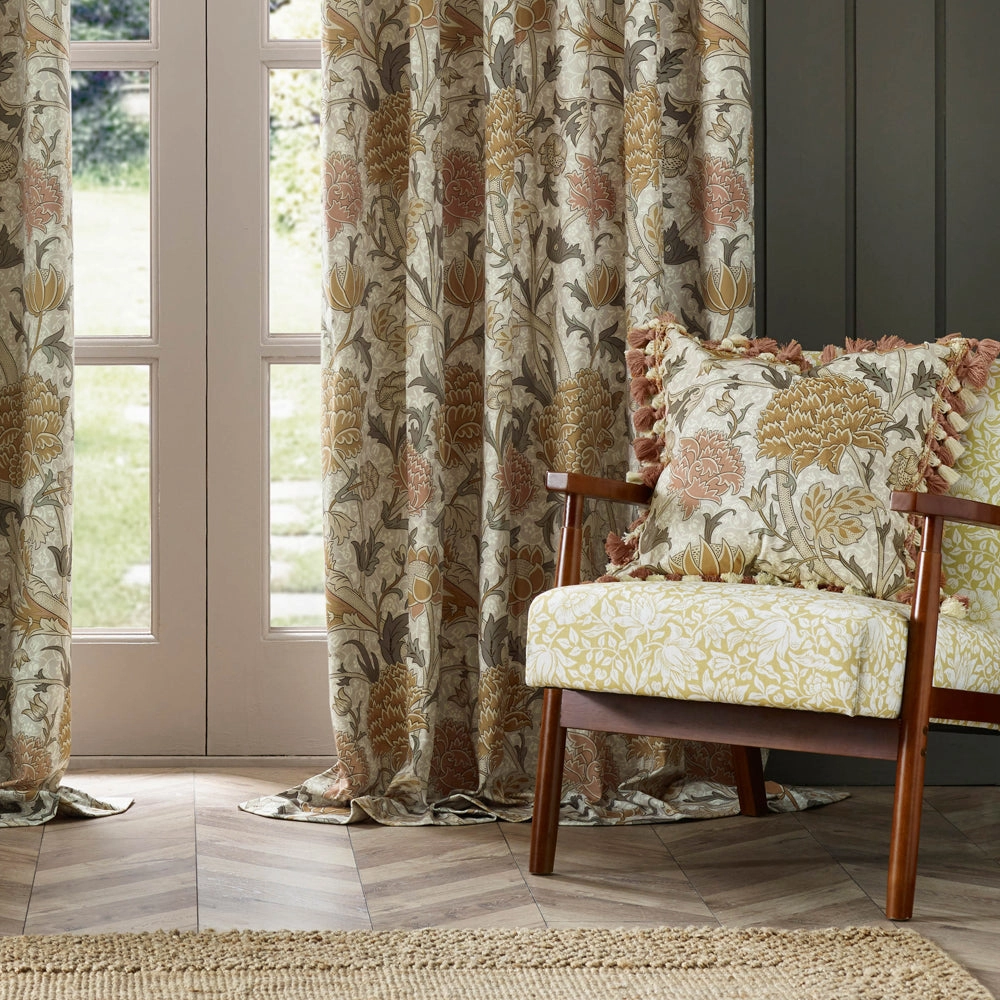 Cray Floral Velvet Pencil Pleat Curtains Stone/Clay