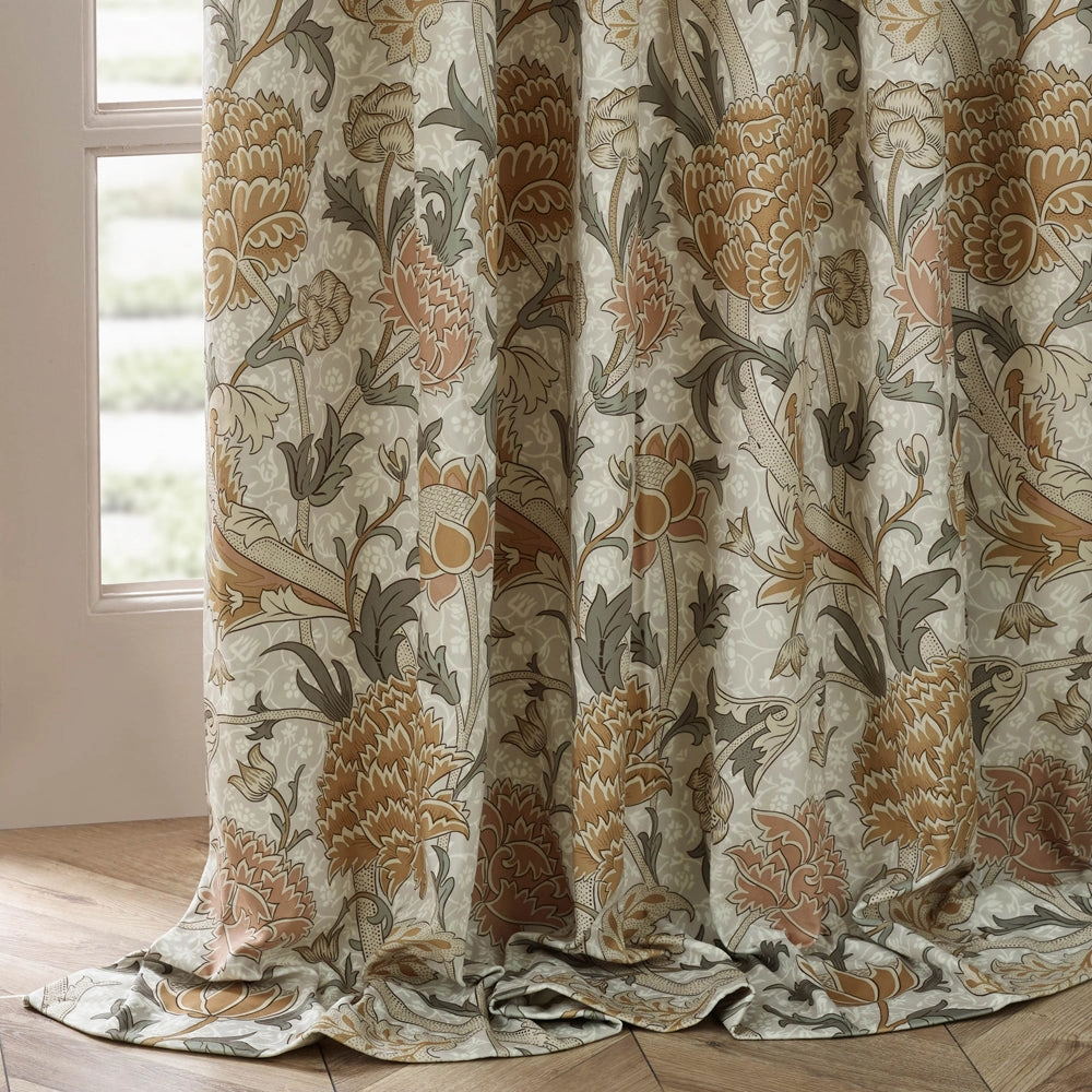 Cray Floral Velvet Pencil Pleat Curtains Stone/Clay