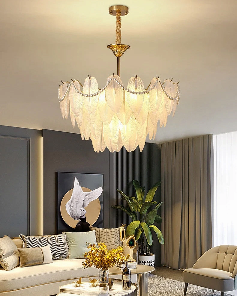 Crystal Feather Leaf With Pearl Chandelier