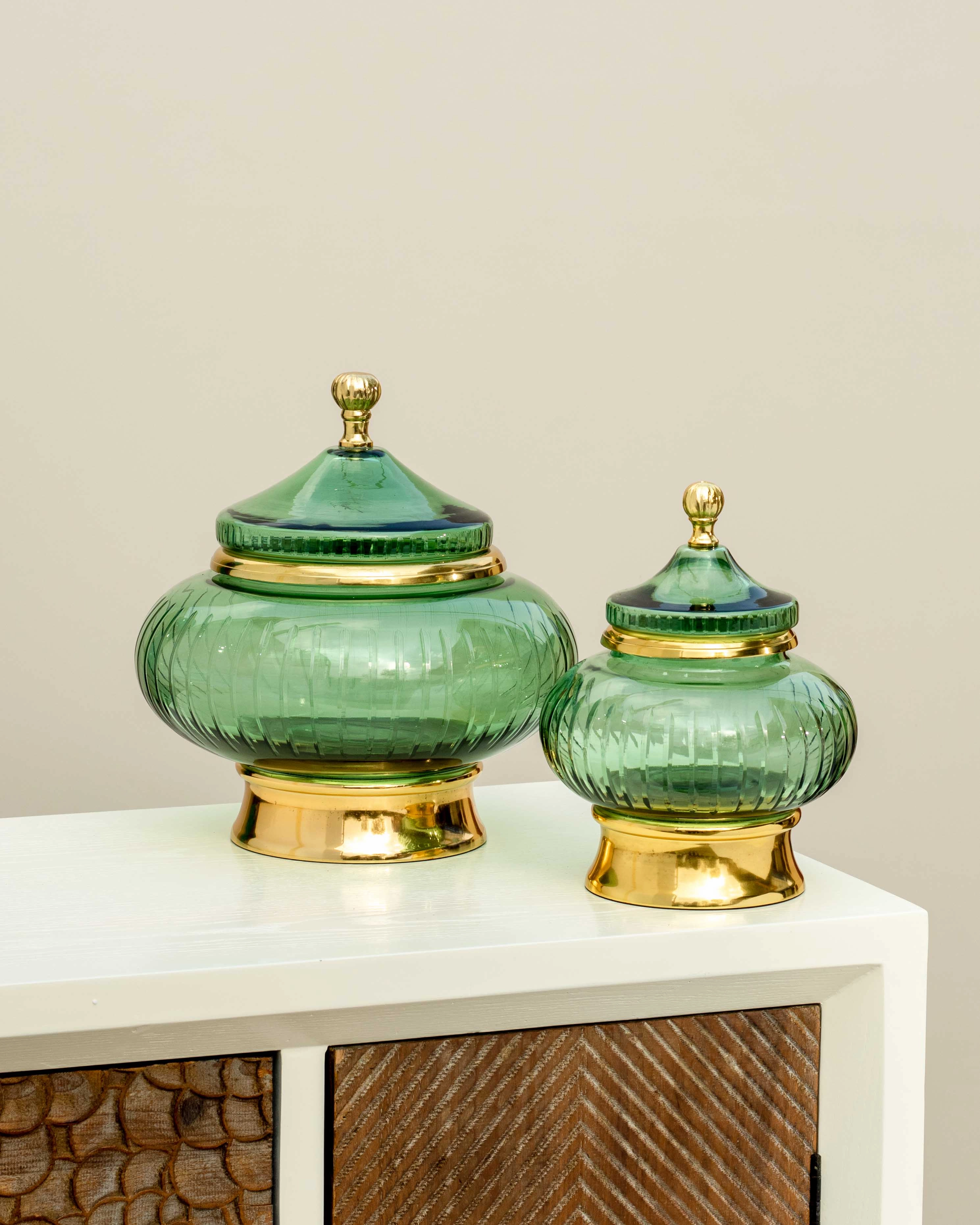 European Green Glass Candy Buffet Jar With Lid - Large - 11"