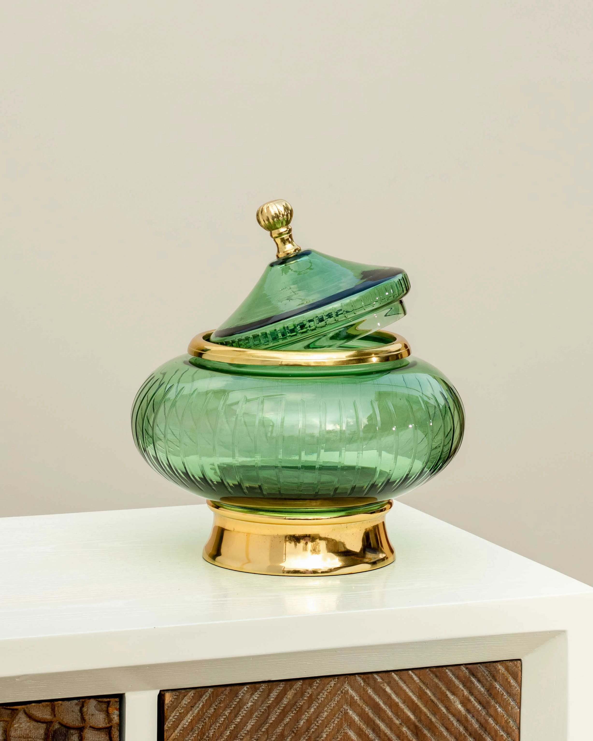 European Green Glass Candy Buffet Jar With Lid - Large - 11"