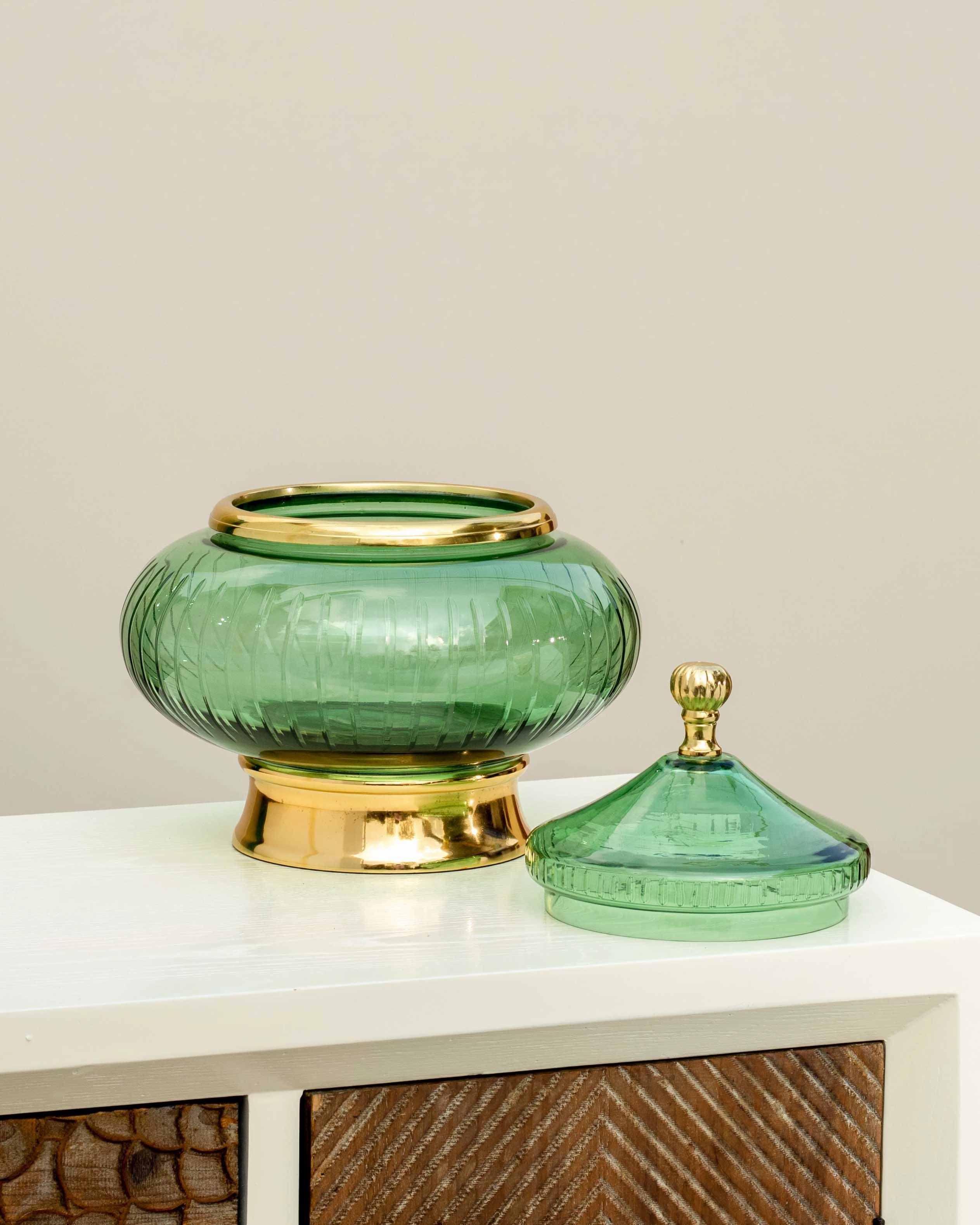 European Green Glass Candy Buffet Jar With Lid - Large - 11"