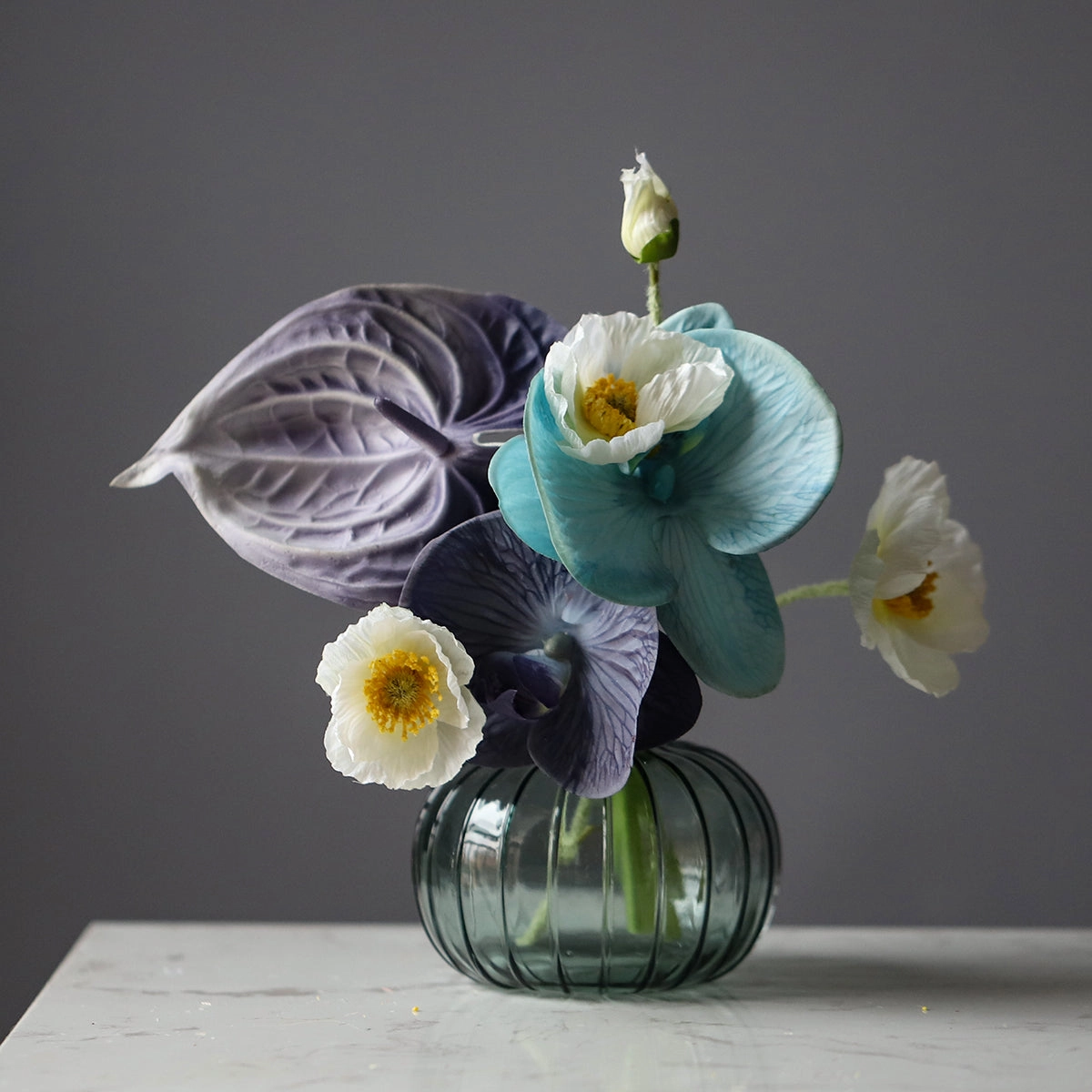 Faux Flower Bouquet with Glass Vase