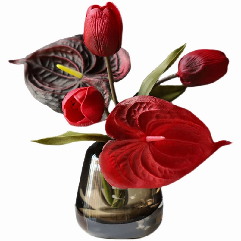 Faux Flower Bouquet with Glass Vase