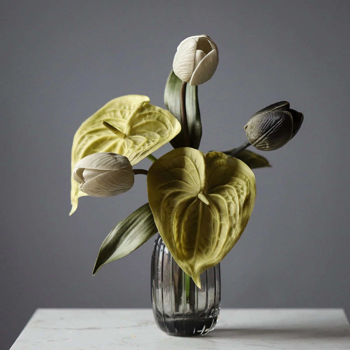 Faux Flower Bouquet with Glass Vase