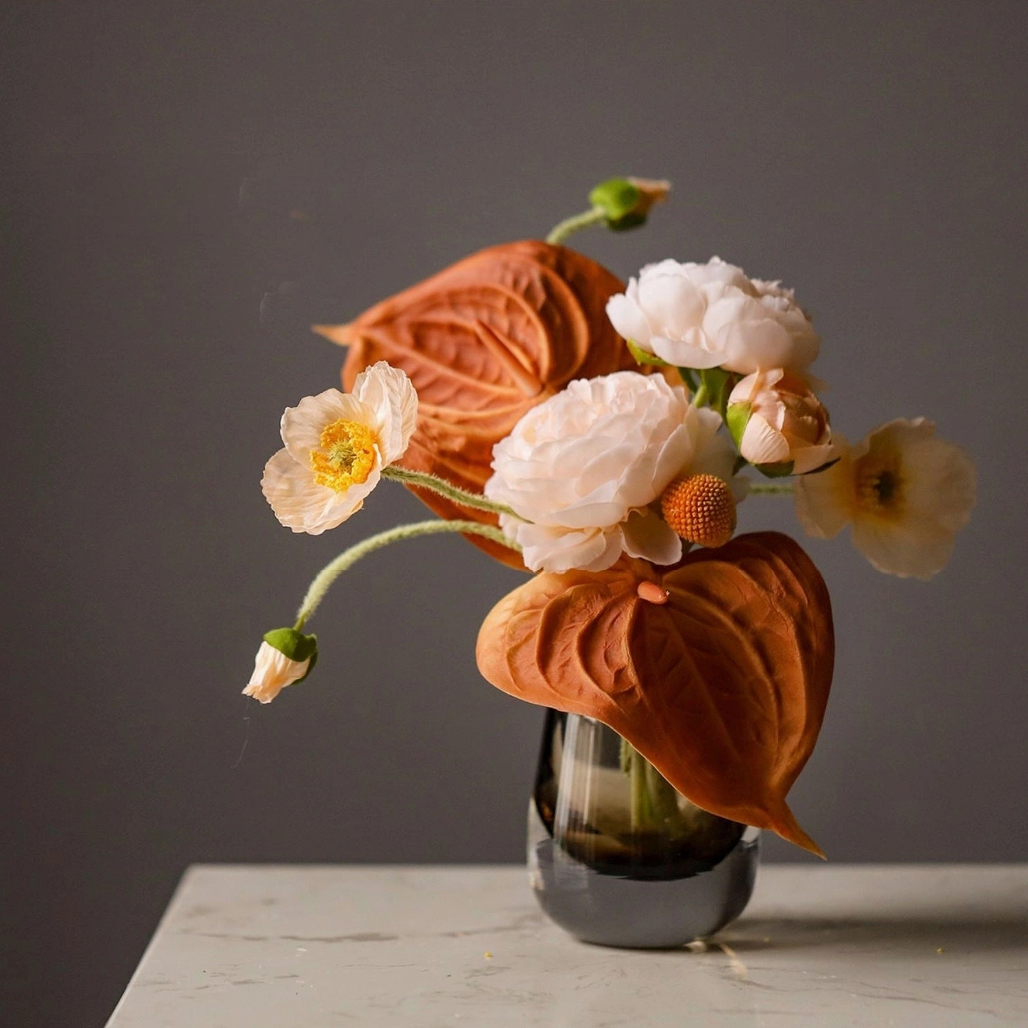 Faux Flower Bouquet with Glass Vase