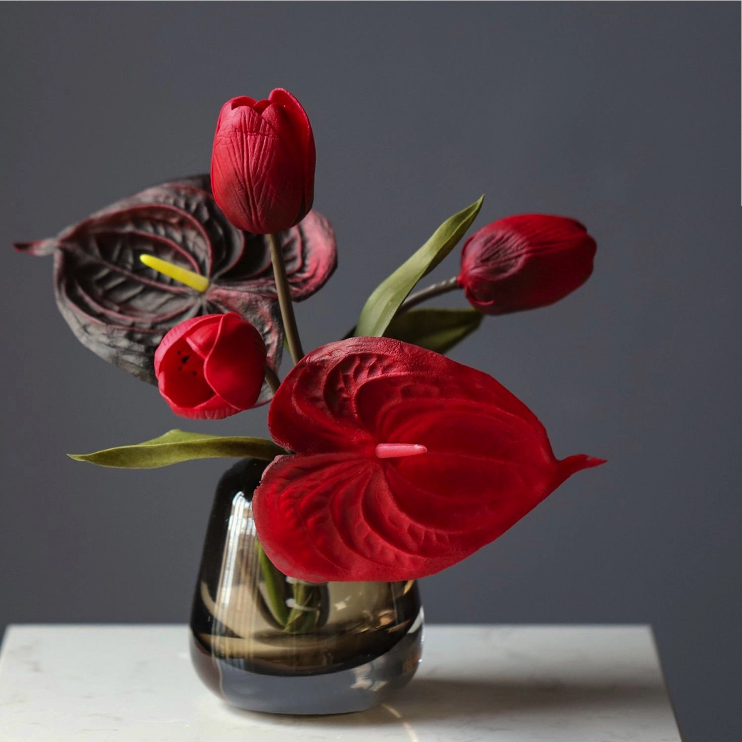 Faux Flower Bouquet with Glass Vase