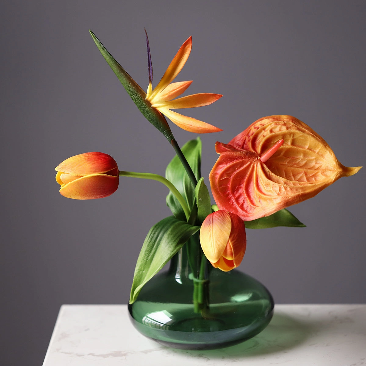 Faux Flower Bouquet with Glass Vase