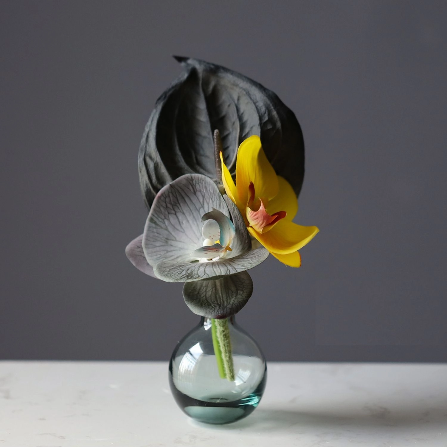 Faux Flower Bouquet with Glass Vase