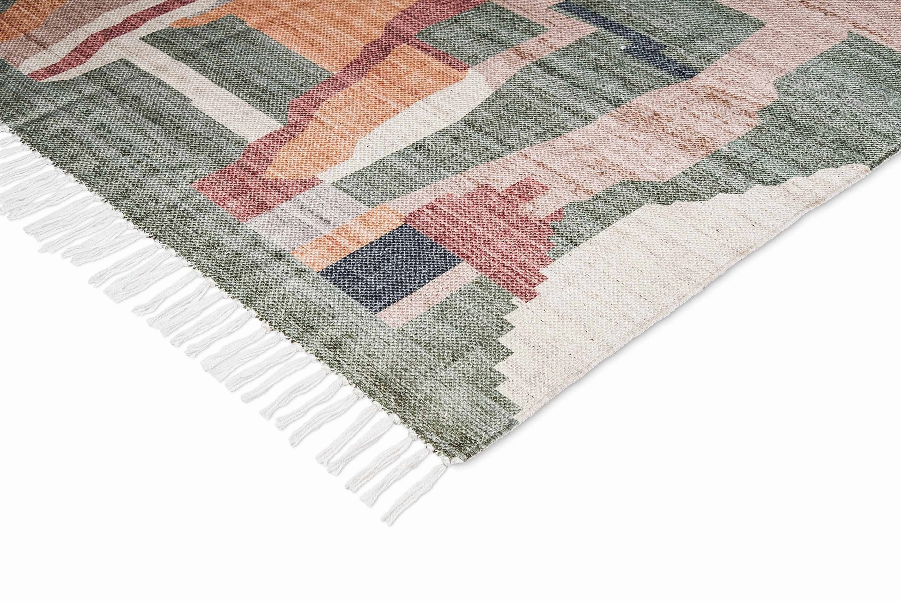 Fern Green and Orange Multi-Colour Abstract Tribal Indoor Outdoor Rug