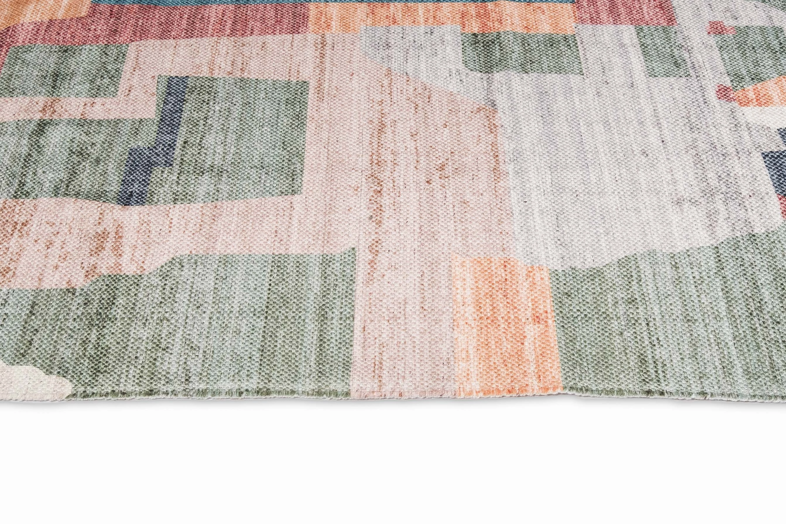Fern Green and Orange Multi-Colour Abstract Tribal Indoor Outdoor Rug
