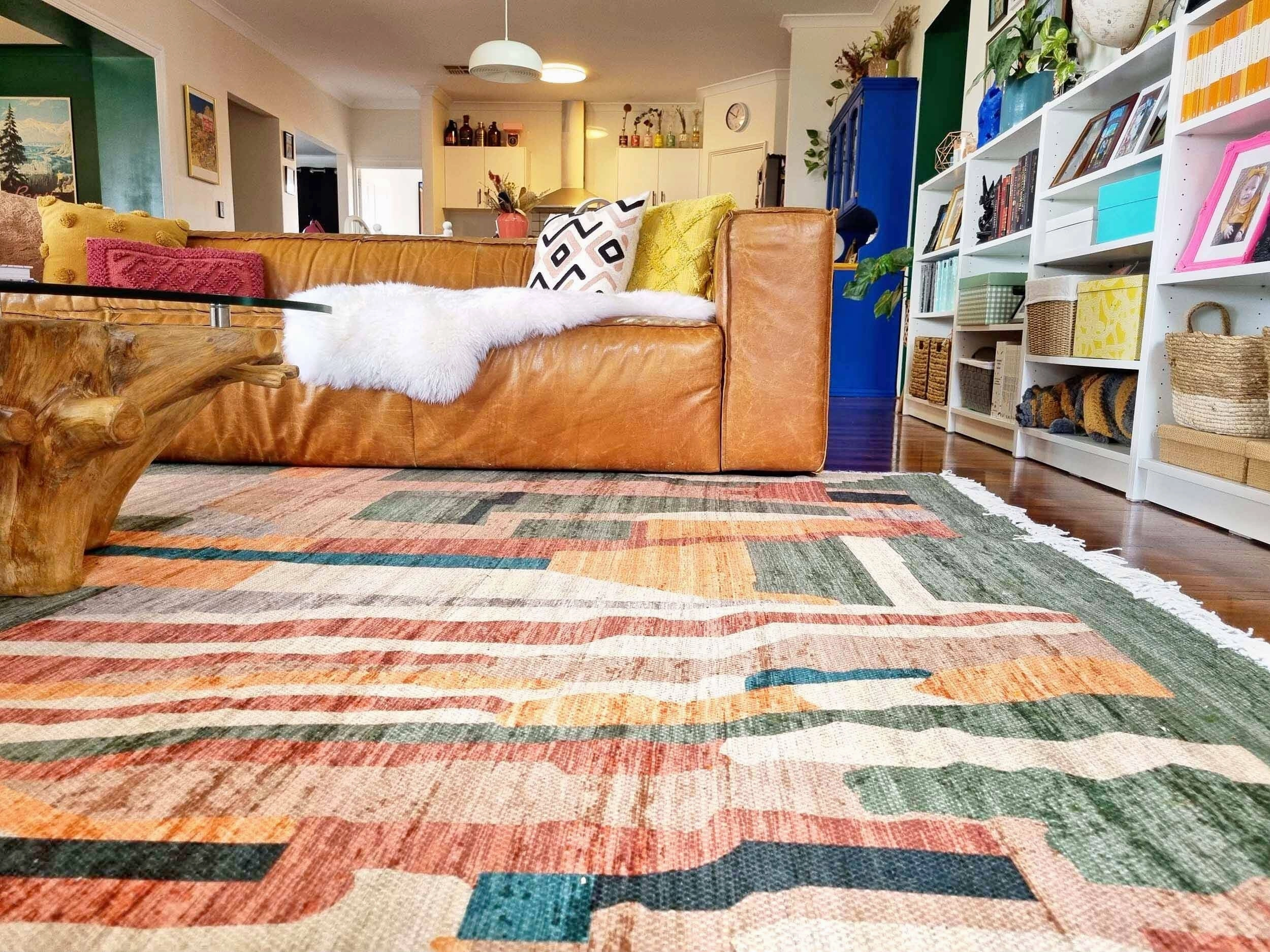 Fern Green and Orange Multi-Colour Abstract Tribal Indoor Outdoor Rug