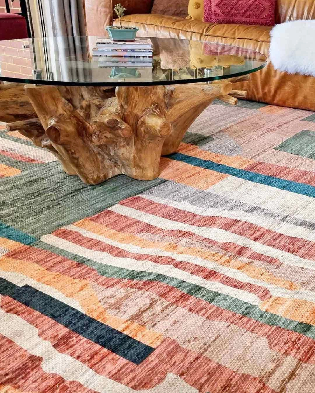 Fern Green and Orange Multi-Colour Abstract Tribal Indoor Outdoor Rug