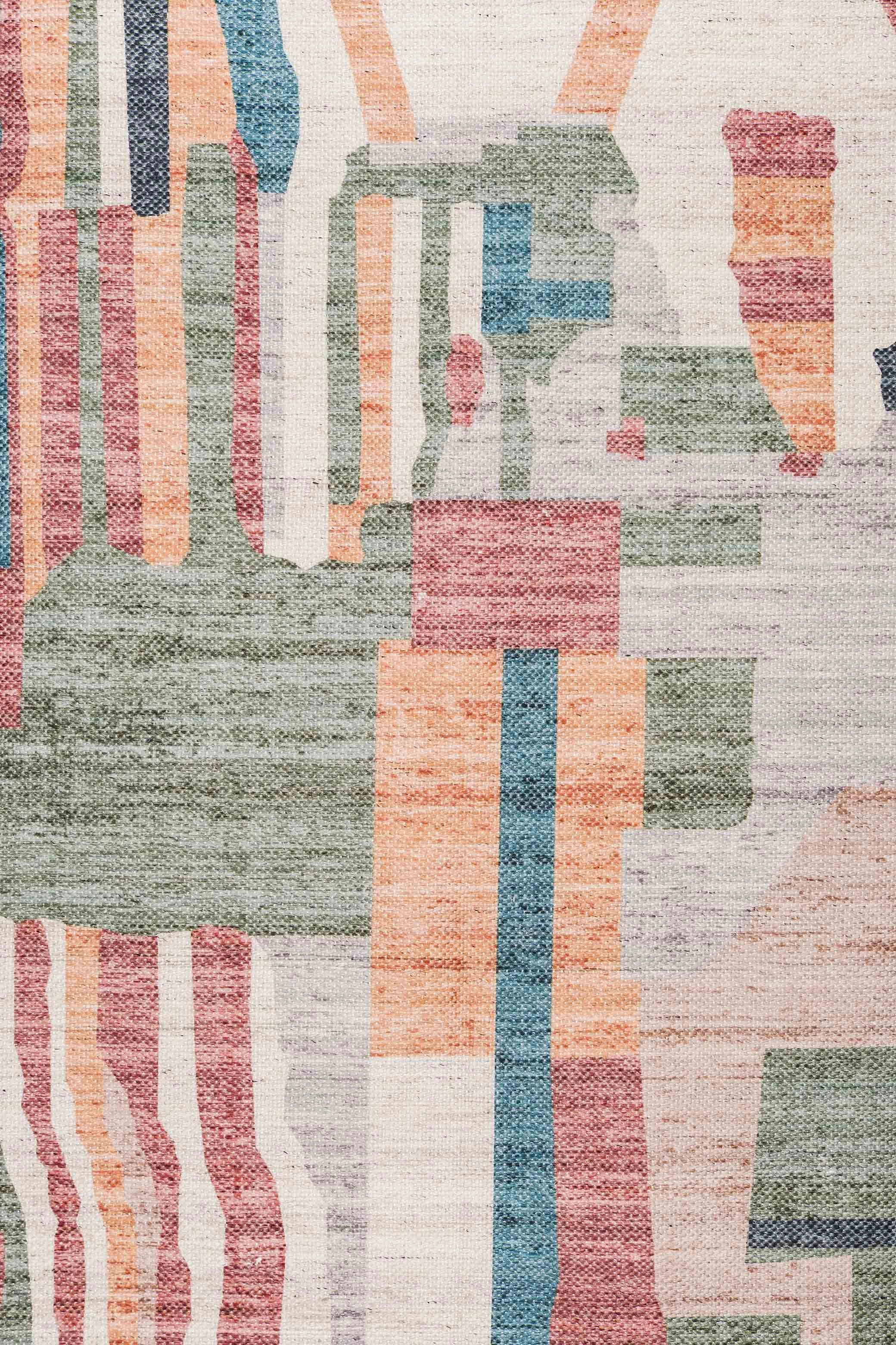 Fern Green and Orange Multi-Colour Abstract Tribal Indoor Outdoor Rug