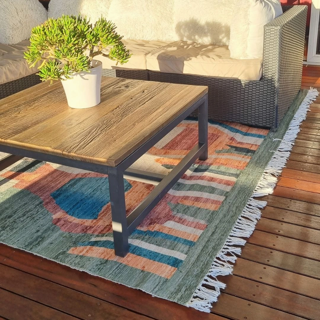 Fern Green and Orange Multi-Colour Abstract Tribal Indoor Outdoor Rug
