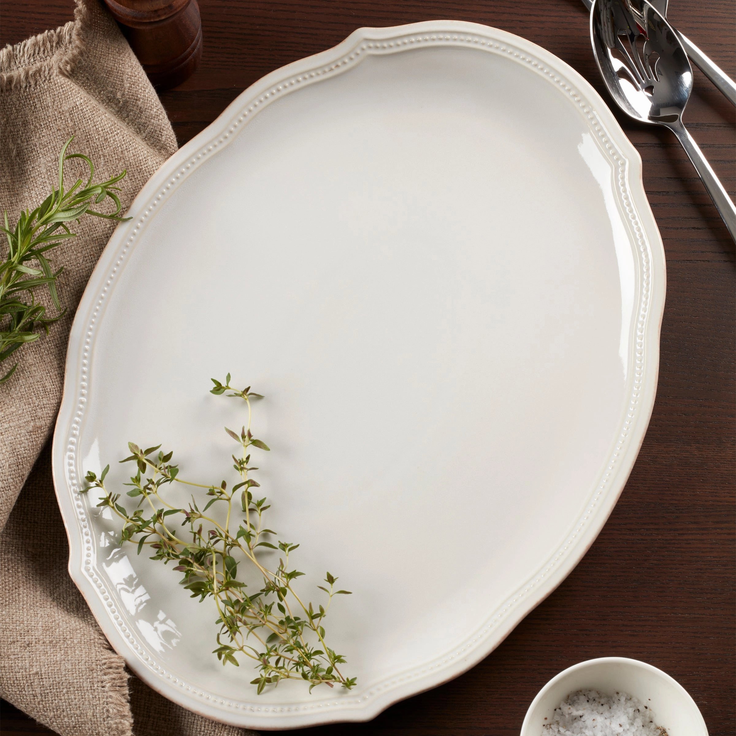 French Perle Bead White Oval Platter