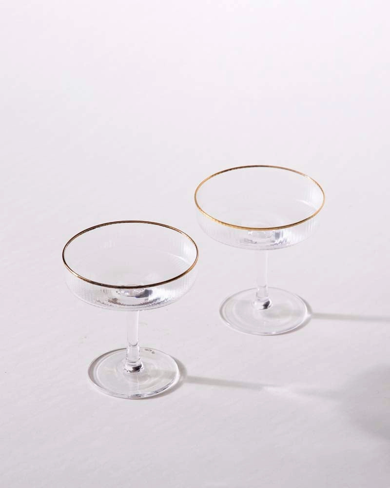Golden Rim Ribbed Coupe Glass - Set of 2
