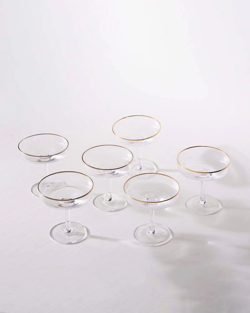 Golden Rim Ribbed Coupe Glass - Set of 2