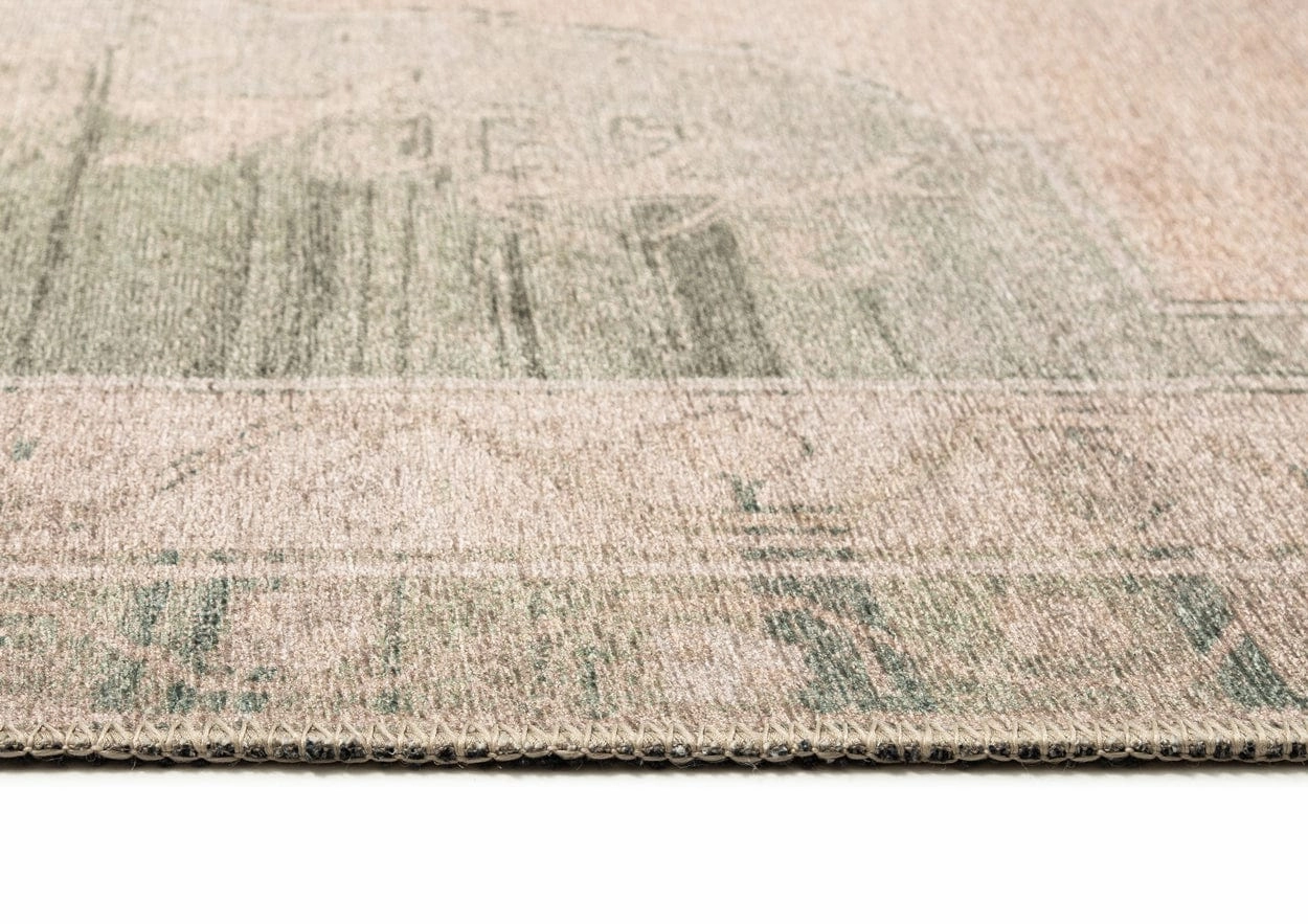 Janella Beige and Green Medallion Washable Rug
