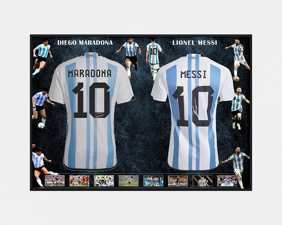 LIONEL MESSI & DIEGO MARADONA DUAL JERSEY FRAMED BUNDLEhandmade souvenirs
