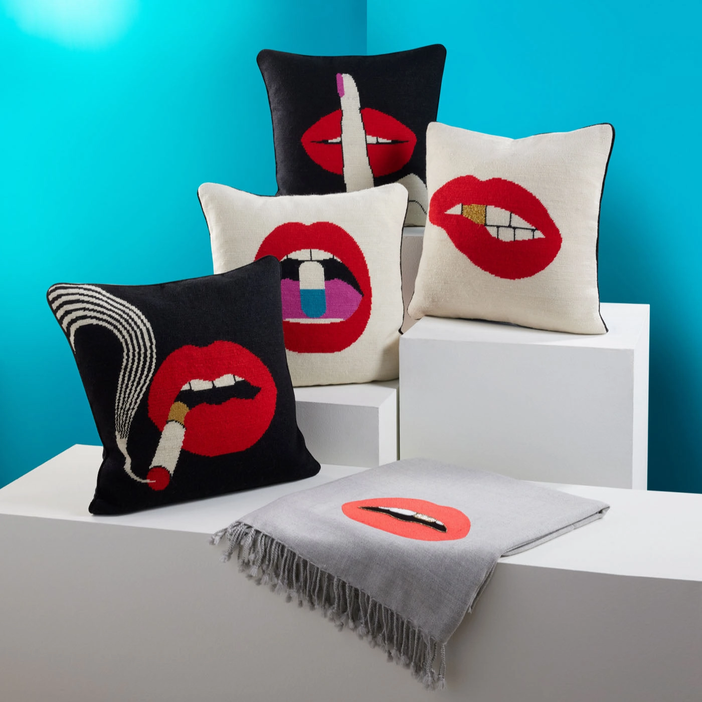 Lips Hush Needlepoint Throw Pillow