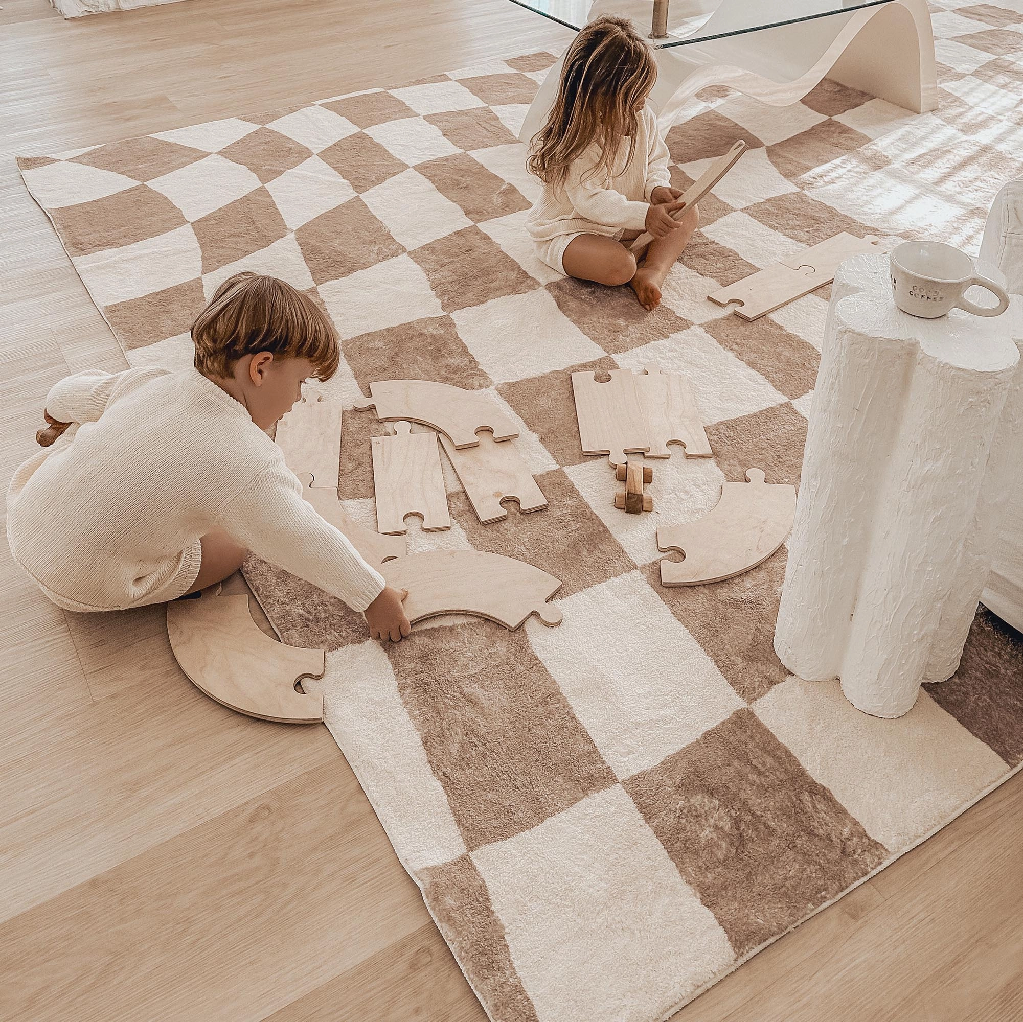 Logan Beige and Ivory Abstract Checkered Washable Rug
